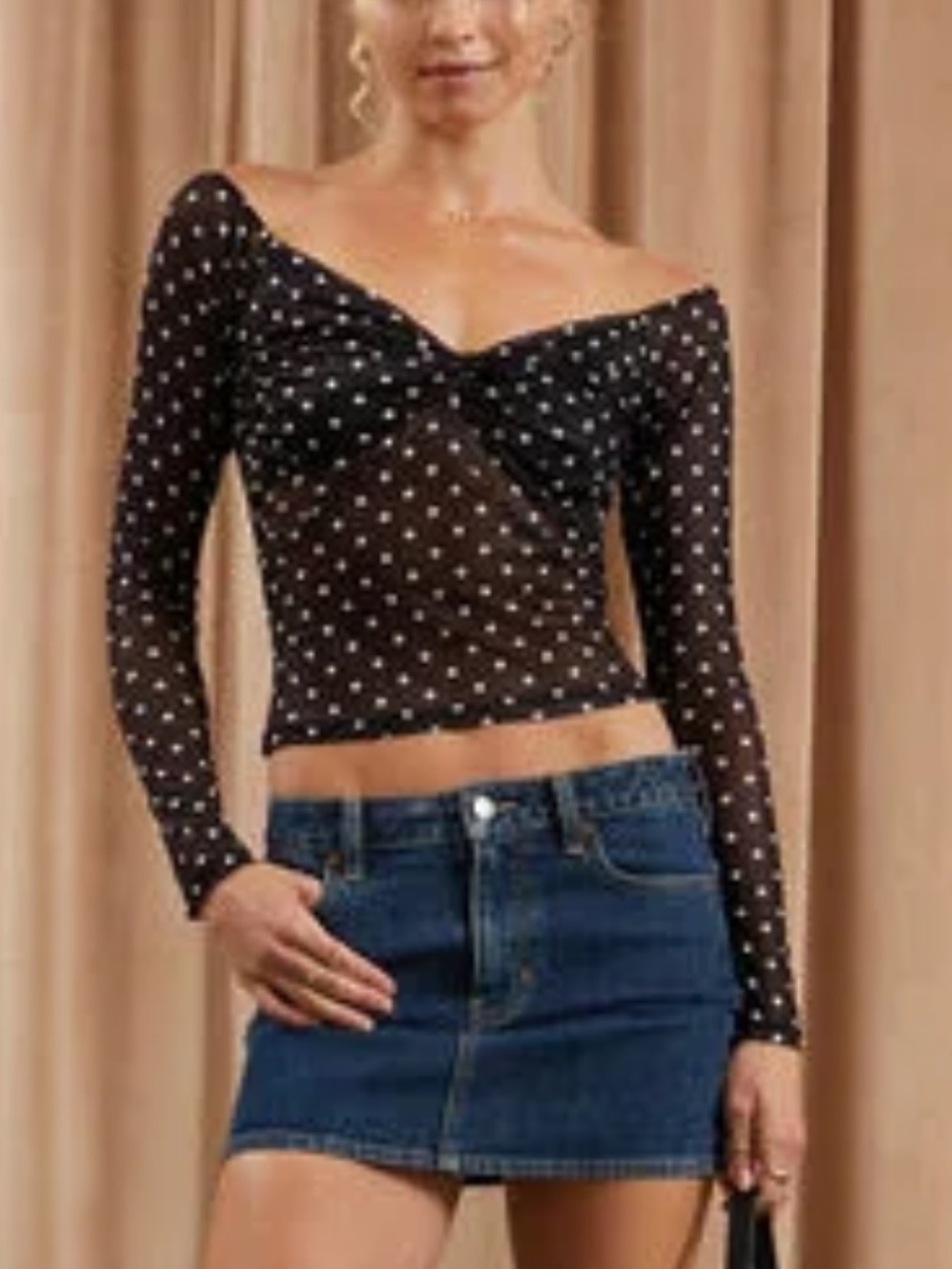 PacSun Black Mesh Off-Shoulder Polka Dot Long-Sleeve Top